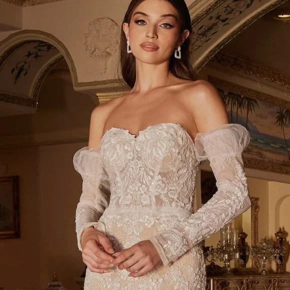 fitted lace wedding dress Davinci Bridal 50802 Strapless Crepe Mermaid Wedding Dress Ruffle Organza Skirt Gown 4 / Ivory main image 0